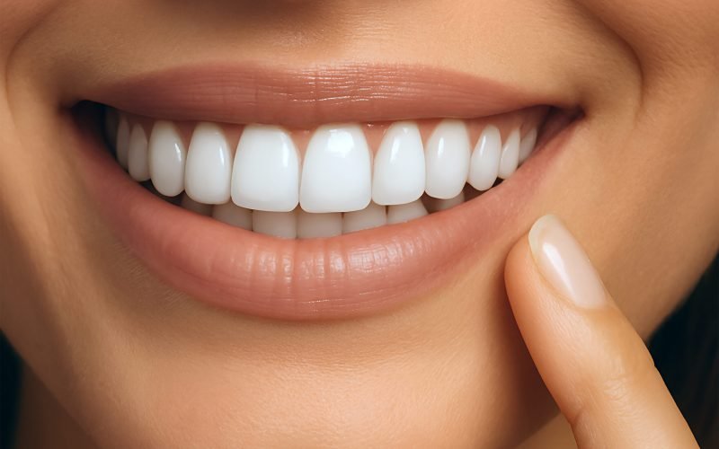Close-up of a woman smiling with perfectly white teeth, touching her cheek with her finger. The image represents dental aesthetics, oral hygiene, and confident beauty