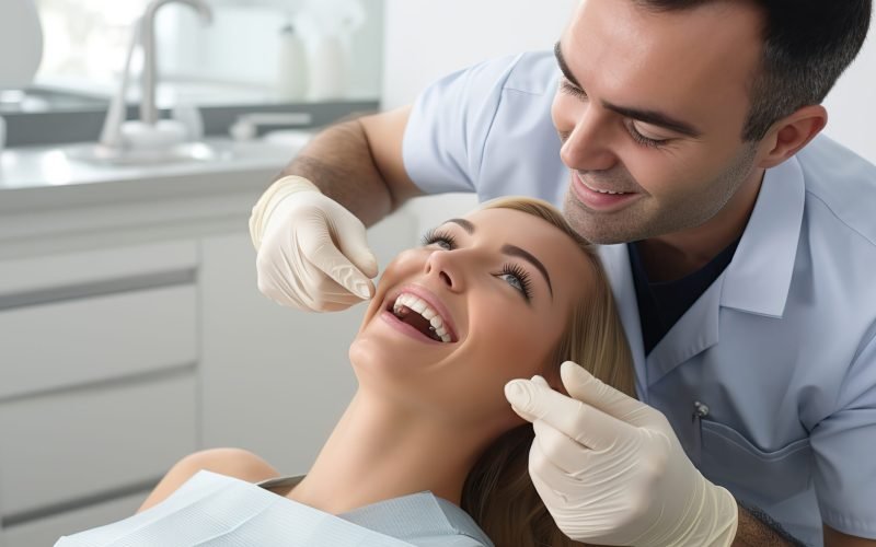 Dentists hands looking at patients teeth in white room